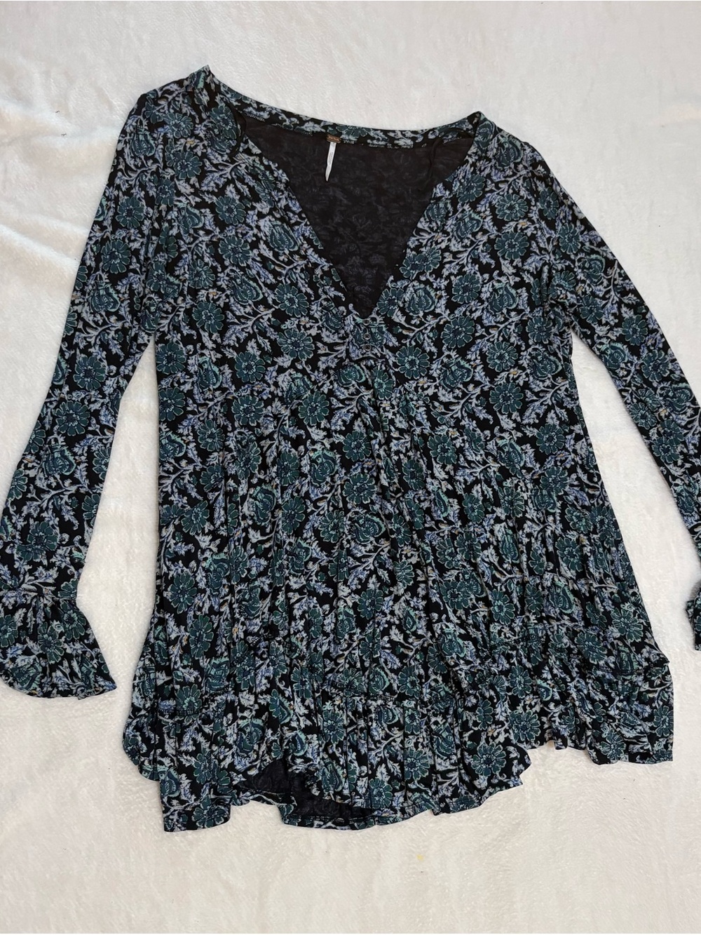 Free People Black Floral V-Neck Peasant Tunic